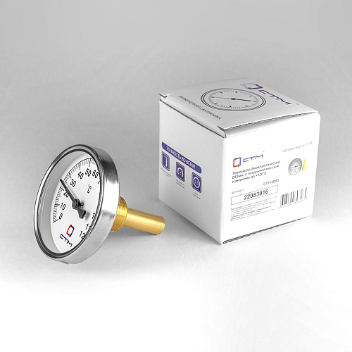 Термометр биметаллический d 63мм, с погружной гильзой, измерение до +120°С СТМ Термометр биметаллический d 63мм, с погружной гильзой, измерение до +120°С СТМ
