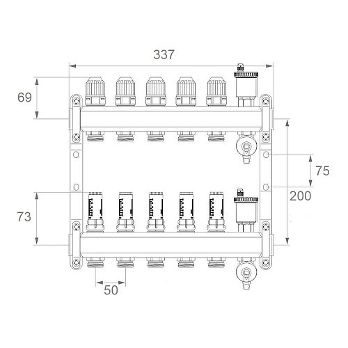 Коллекторная группа ONDO нерж сталь 5 вых. в сборе с автоматическим воздухоотводчиком, расходомерам Коллекторная группа ONDO нерж сталь 5 вых. в сборе с автоматическим воздухоотводчиком, расходомерам