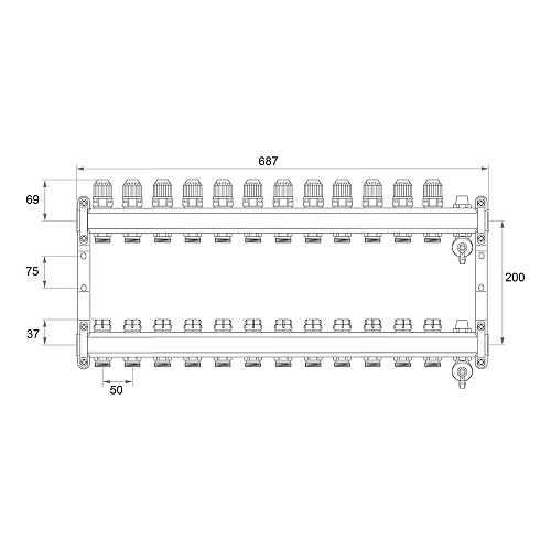 Коллекторная группа ONDO нерж сталь 12 вых. в сборе  с термостатическими и запорными клапанами Коллекторная группа ONDO нерж сталь 12 вых. в сборе  с термостатическими и запорными клапанами