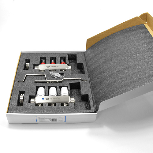 Коллекторная группа ONDO нерж сталь 3 вых. в сборе с расходомерами и термостатическими клапанами без сливных кранов и воздухоотводчиков