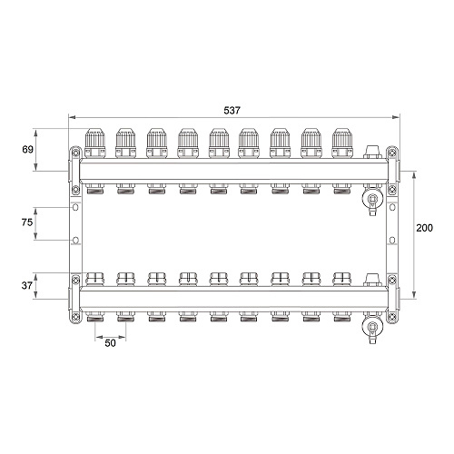 Коллекторная группа ONDO нерж сталь 9 вых. в сборе  с термостатическими и запорными клапанами Коллекторная группа ONDO нерж сталь 9 вых. в сборе  с термостатическими и запорными клапанами