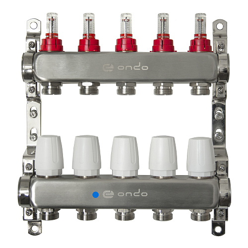 Коллекторная группа ONDO нерж сталь 5 вых. в сборе с расходомерами и термостатическими клапанами без сливных кранов и воздухоотводчиков