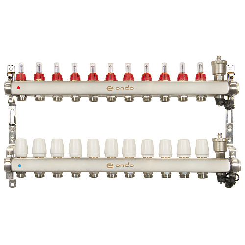 Коллекторная группа ONDO нерж сталь 11 вых. в сборе с автоматическим воздухоотводчиком, расходомера Коллекторная группа ONDO нерж сталь 11 вых. в сборе с автоматическим воздухоотводчиком, расходомера