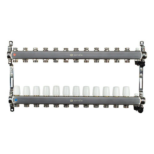 Коллекторная группа ONDO нерж сталь 12 вых. в сборе  с термостатическими и запорными клапанами Коллекторная группа ONDO нерж сталь 12 вых. в сборе  с термостатическими и запорными клапанами