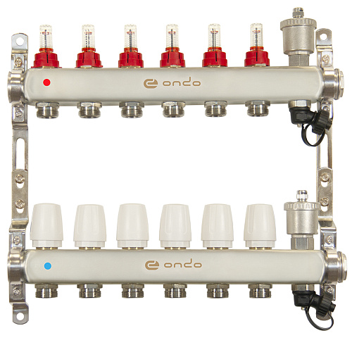 Коллекторная группа ONDO нерж сталь 6 вых. в сборе с автоматическим воздухоотводчиком, расходомерам Коллекторная группа ONDO нерж сталь 6 вых. в сборе с автоматическим воздухоотводчиком, расходомерам