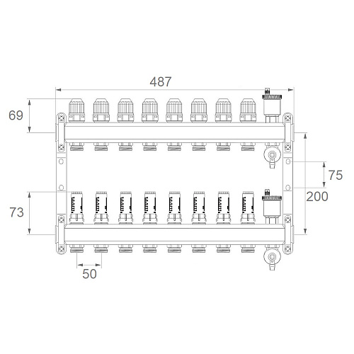 Коллекторная группа ONDO нерж сталь 8 вых. в сборе с автоматическим воздухоотводчиком, расходомерам Коллекторная группа ONDO нерж сталь 8 вых. в сборе с автоматическим воздухоотводчиком, расходомерам