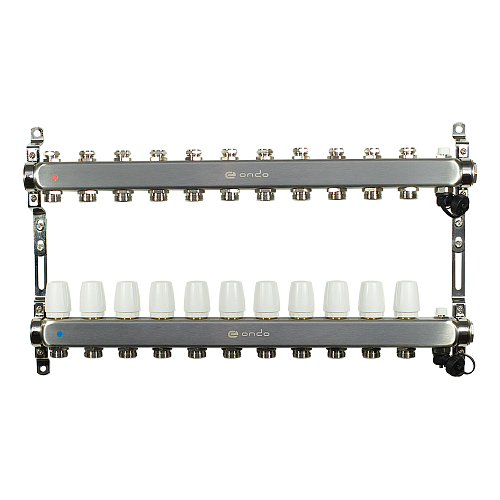 Коллекторная группа ONDO нерж сталь 11 вых. в сборе  с термостатическими и запорными клапанами