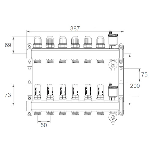 Коллекторная группа ONDO нерж сталь 6 вых. в сборе с автоматическим воздухоотводчиком, расходомерам Коллекторная группа ONDO нерж сталь 6 вых. в сборе с автоматическим воздухоотводчиком, расходомерам