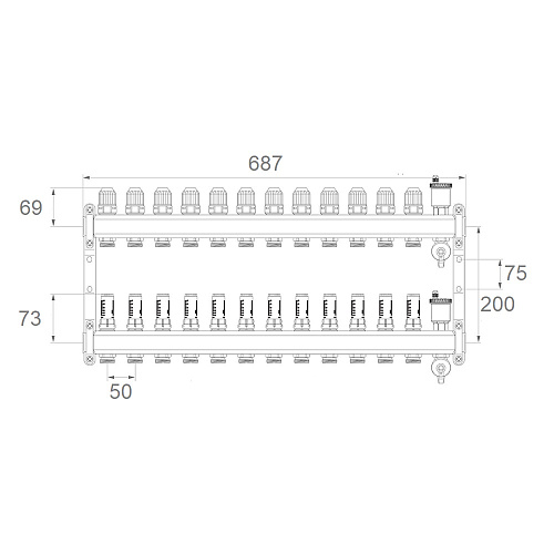 Коллекторная группа ONDO нерж сталь 12 вых. в сборе с автоматическим воздухоотводчиком, расходомера Коллекторная группа ONDO нерж сталь 12 вых. в сборе с автоматическим воздухоотводчиком, расходомера