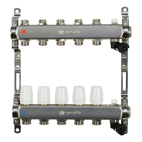 Коллекторная группа ONDO нерж сталь 5 вых. в сборе  с термостатическими и запорными клапанами Коллекторная группа ONDO нерж сталь 5 вых. в сборе  с термостатическими и запорными клапанами