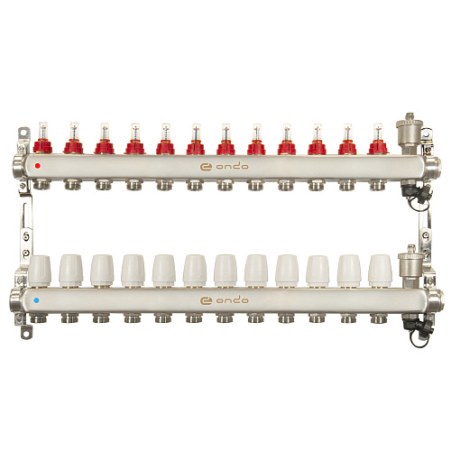 Коллекторная группа ONDO нерж сталь 12 вых. в сборе с автоматическим воздухоотводчиком, расходомера Коллекторная группа ONDO нерж сталь 12 вых. в сборе с автоматическим воздухоотводчиком, расходомера