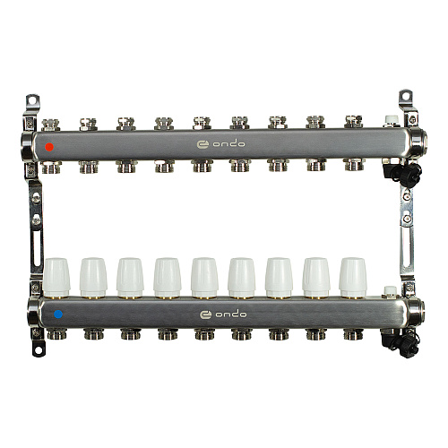 Коллекторная группа ONDO нерж сталь 9 вых. в сборе  с термостатическими и запорными клапанами Коллекторная группа ONDO нерж сталь 9 вых. в сборе  с термостатическими и запорными клапанами