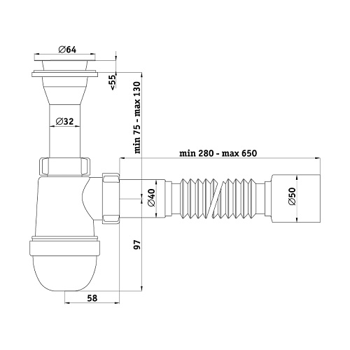 Сифон  1 1/4" *40 с гибкой трубой 40*50
