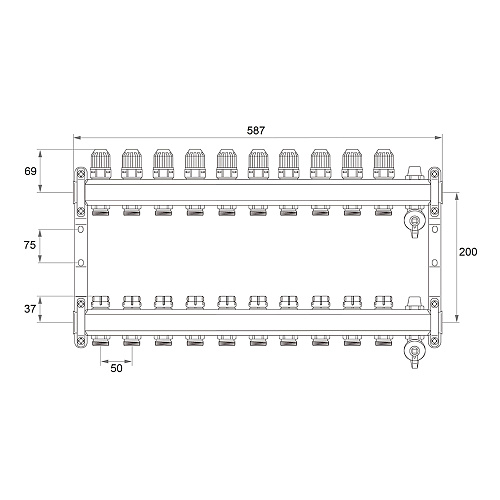 Коллекторная группа ONDO нерж сталь 10 вых. в сборе с термостатическими и запорными клапанами Коллекторная группа ONDO нерж сталь 10 вых. в сборе с термостатическими и запорными клапанами