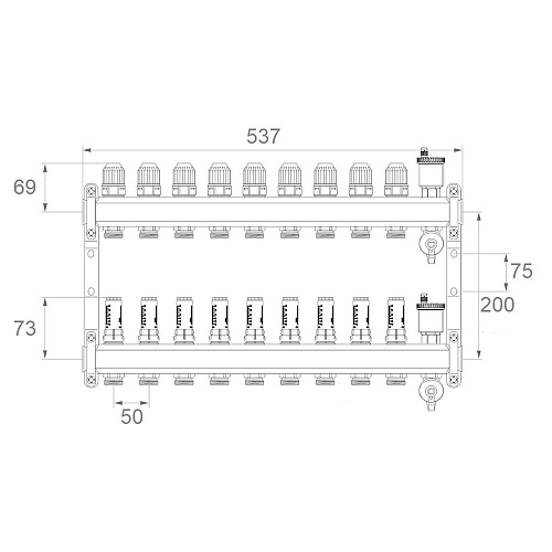 Коллекторная группа ONDO нерж сталь 9 вых. в сборе с автоматическим воздухоотводчиком, расходомерам Коллекторная группа ONDO нерж сталь 9 вых. в сборе с автоматическим воздухоотводчиком, расходомерам