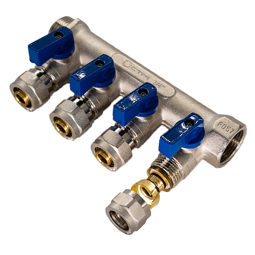 Коллектор 4 выхода 3/4"x16 с шаровыми кранами для м/п труб СТМ Коллектор 4 выхода 3/4"x16 с шаровыми кранами для м/п труб СТМ