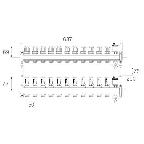 Коллекторная группа ONDO нерж сталь 11 вых. в сборе с автоматическим воздухоотводчиком, расходомера Коллекторная группа ONDO нерж сталь 11 вых. в сборе с автоматическим воздухоотводчиком, расходомера