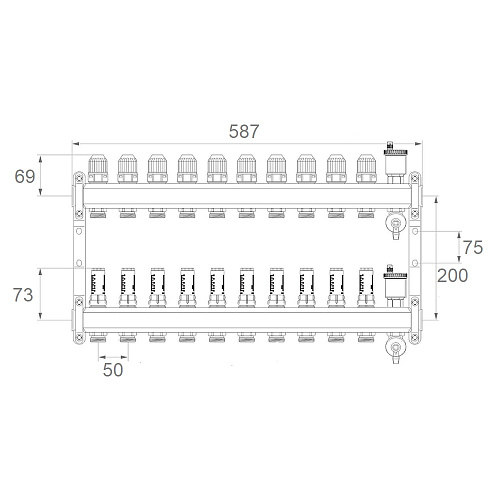 Коллекторная группа ONDO нерж сталь 10 вых. в сборе с автоматическим воздухоотводчиком, расходомера Коллекторная группа ONDO нерж сталь 10 вых. в сборе с автоматическим воздухоотводчиком, расходомера