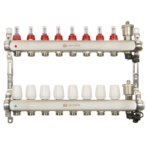 Коллекторная группа ONDO нерж сталь 8 вых. в сборе с автоматическим воздухоотводчиком, расходомерам Коллекторная группа ONDO нерж сталь 8 вых. в сборе с автоматическим воздухоотводчиком, расходомерам