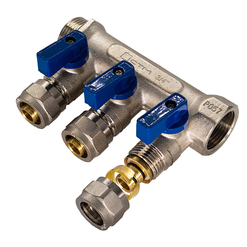 Коллектор 3 выхода 3/4"x16 с шаровыми кранами для м/п труб СТМ Коллектор 3 выхода 3/4"x16 с шаровыми кранами для м/п труб СТМ