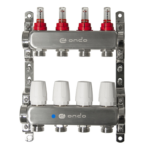 Коллекторная группа ONDO нерж сталь 4 вых. в сборе с расходомерами и термостатическими клапанами без сливных кранов и воздухоотводчиков Коллекторная группа ONDO нерж сталь 4 вых. в сборе с расходомерами и термостатическими клапанами без сливных кранов и воздухоотводчиков