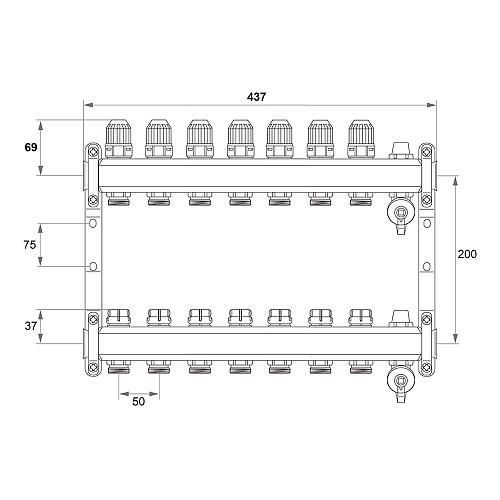 Коллекторная группа ONDO нерж сталь 7 вых. в сборе  с термостатическими и запорными клапанами
