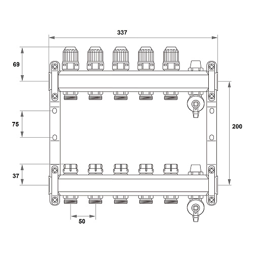 Коллекторная группа ONDO нерж сталь 5 вых. в сборе  с термостатическими и запорными клапанами Коллекторная группа ONDO нерж сталь 5 вых. в сборе  с термостатическими и запорными клапанами