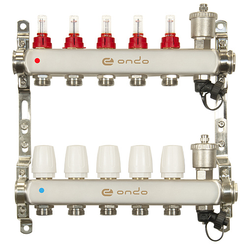 Коллекторная группа ONDO нерж сталь 5 вых. в сборе с автоматическим воздухоотводчиком, расходомерам Коллекторная группа ONDO нерж сталь 5 вых. в сборе с автоматическим воздухоотводчиком, расходомерам