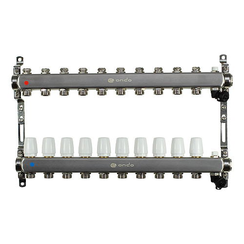Коллекторная группа ONDO нерж сталь 10 вых. в сборе с термостатическими и запорными клапанами Коллекторная группа ONDO нерж сталь 10 вых. в сборе с термостатическими и запорными клапанами