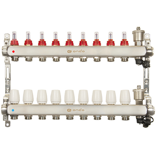 Коллекторная группа ONDO нерж сталь 9 вых. в сборе с автоматическим воздухоотводчиком, расходомерам Коллекторная группа ONDO нерж сталь 9 вых. в сборе с автоматическим воздухоотводчиком, расходомерам