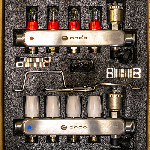 Коллекторная группа ONDO нерж сталь 4 вых. в сборе с автоматическим воздухоотводчиком, расходомерам